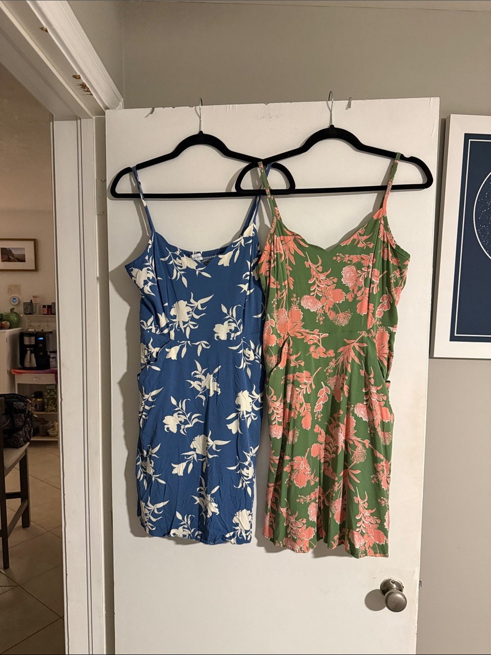 Floral V-Neck Spaghetti Strap Dress - Blue & White and Green and Peach